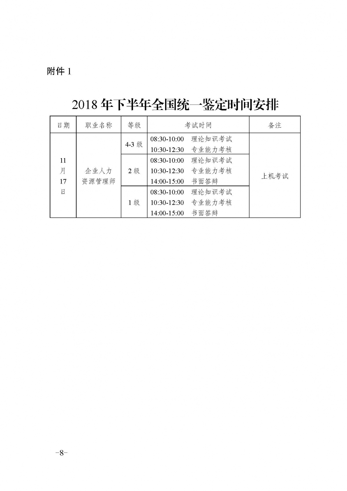 重庆2018下半年人力资源管理师考试报名时间